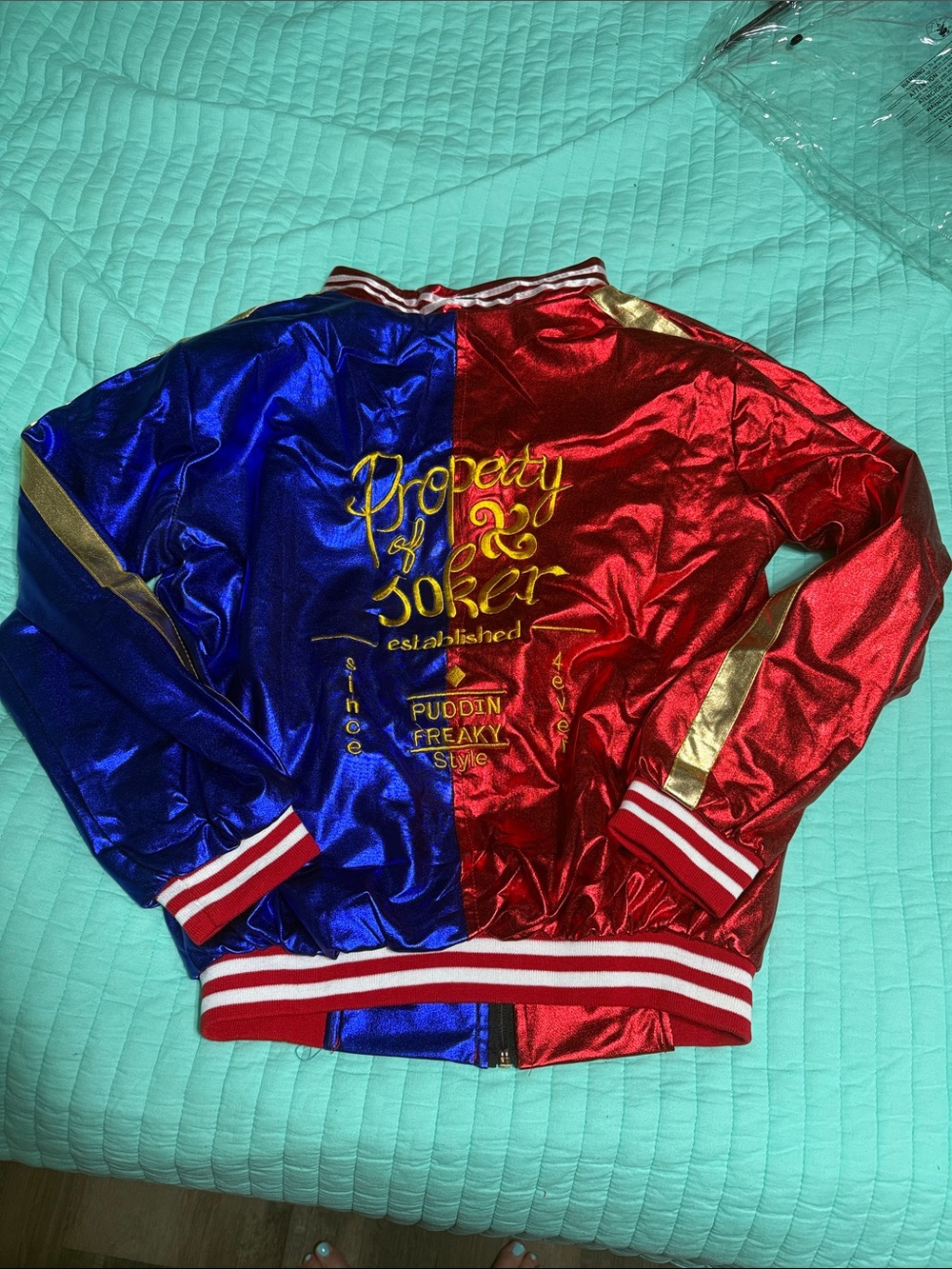 Jokey/ Harley Quinn Inspired Metallic Red & Blue embrodered Bomber Jacket